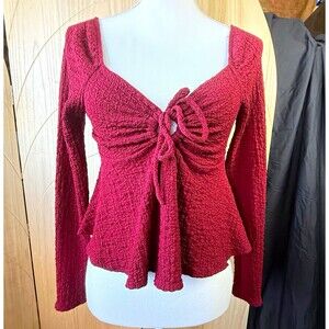 Gaze Burgundy Textured Top Cinch Front Square Neck Long Sleeve S Whimsigoth